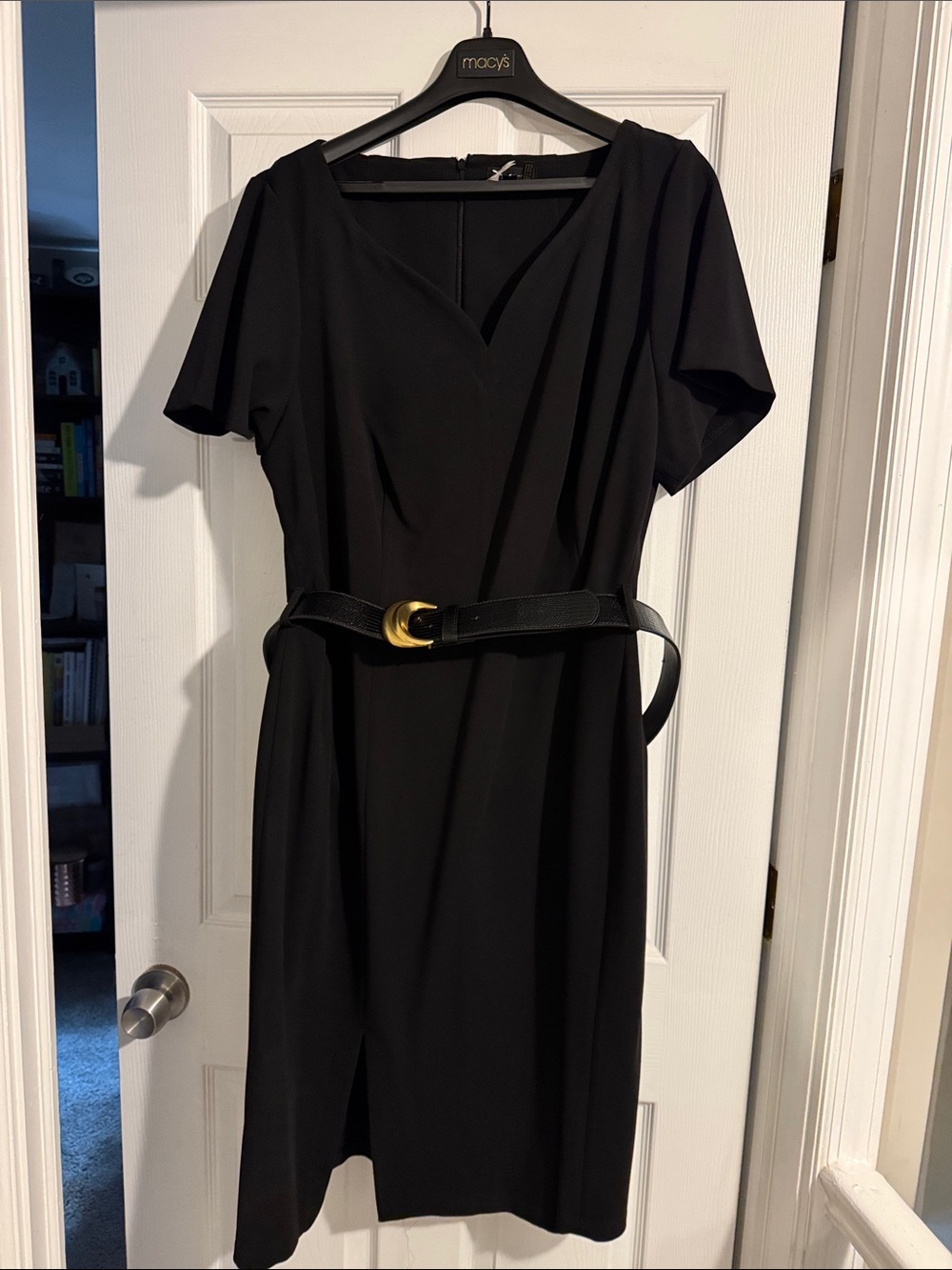 Donna Karan Black Midi Dress with Gold Buckle Belt
